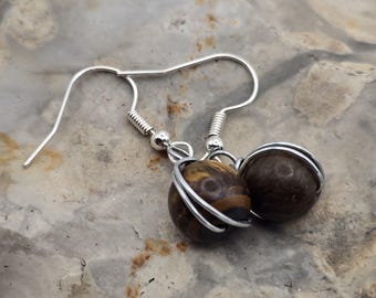 Pendientes colgantes de ojo de tigre y madera petrificada, pendientes de piedras preciosas hechos a mano, pendientes envueltos en alambre de acero inoxidable, joyería de piedra natural.