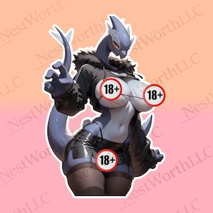 May include: A sticker featuring a stylized anthropomorphic dragon-like character in a black jacket and shorts. The character has blue skin and is marked with three "18+" symbols. The background is a gradient of peach and pink.