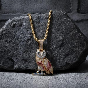 Puede incluir: Collar con colgante de búho dorado con cadena de cuerda. El colgante de búho está adornado con piedras preciosas claras, rojas y azules. El búho está posado sobre una pequeña base rectangular. El collar se exhibe sobre una roca gris oscura.