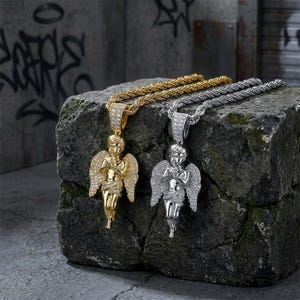 Angel pendant with hands clasped in prayer, micro-set zircon hip-hop punk men's necklace