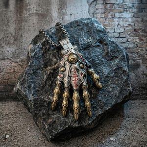 Puede incluir: Un collar con colgante detallado en tonos plateados y dorados con forma de mano mecánica, apoyado sobre una roca gris oscura. El colgante presenta diseños intrincados y detalles en rojo. La cadena es una cadena de eslabones plateada.