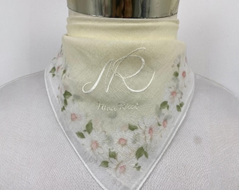 Vintage Nina Ricci Handkerchief Floral Daisy Embroidery Luxury Designer Pocket Square Cotton Scarf