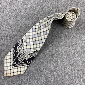 Vintage Gianni Versace Silk Tie | Made in Italy | Baroque Medusa & Geometric Check Pattern | Luxury Designer Necktie | Cream, Navy Gold