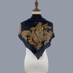Vintage Popy Moreni Paris Silk Wool Scarf Square Paisley Pattern Head Neck Scarf Wrap Bandana Black Colorful Luxury Rare Archival Retro