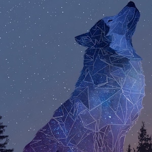 May include: A digital illustration of a howling wolf against a starry night sky. The wolf's form is composed of geometric shapes filled with a galaxy design, creating a striking contrast against the dark blue background. Silhouetted trees are at the bottom.