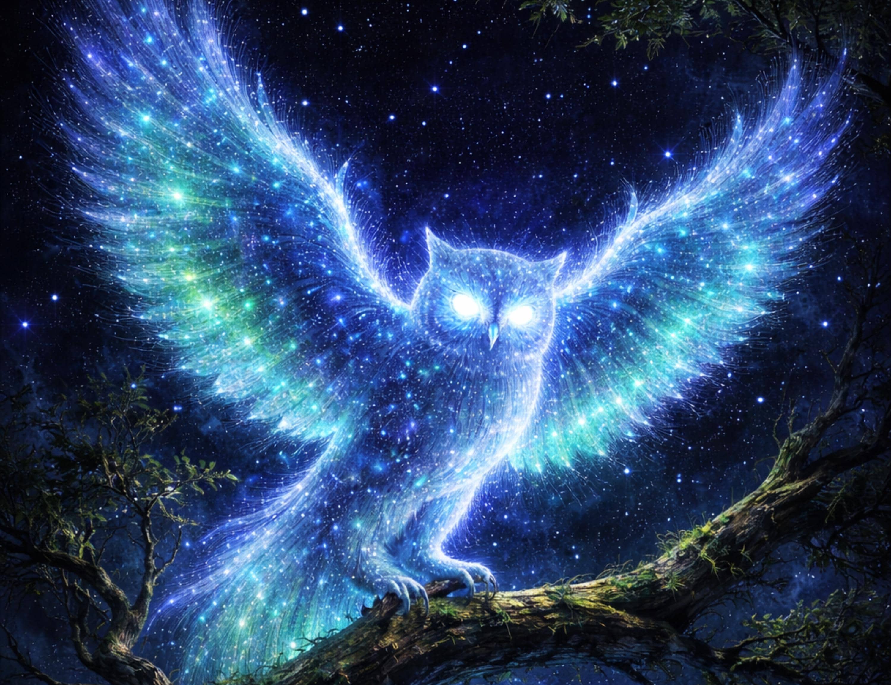 Celestial Owl Watcher &ndash; Starry Owl Wall Art, Cosmic Spirit Animal, Blue Green Night Sky Guardi