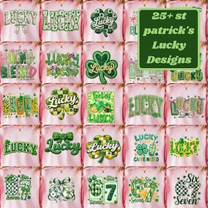 May include: A collection of pink t-shirts with various St. Patrick's Day-themed designs. The designs include shamrocks, the word "Lucky", and the text "25+ st patrick's Lucky Designs". The shirts have green and white graphics.