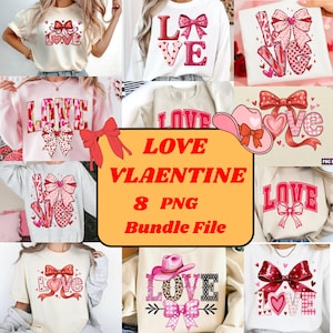 Könnte beinhalten: Eine Sammlung von Designs zum Valentinstag mit dem Wort "LOVE" in verschiedenen Stilen. Die Designs beinhalten Schleifen, Herzen und einen Cowboyhut, alles in Rot-, Rosa- und Weißtönen. Der Text "LOVE VLAENTINE 8 PNG BUNDLE FILE" ist ebenfalls enthalten.