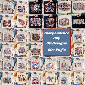May include: A collection of white and black t-shirts featuring various Independence Day graphic designs, including American flags, eagles, fireworks, and text such as USA, 1776, and America, displayed in a grid layout for digital download.