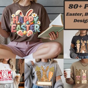 Puede incluir: Una colección de camisetas y sudaderas con temática de Pascua. Los diseños incluyen orejas de conejo, zanahorias y el texto "Happy Easter". Las camisetas son de varios colores, incluyendo marrón, gris y blanco. La imagen también incluye un letrero que dice "80+ PNG Easter, Bunny Designs."
