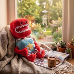 May include: A red plush monster toy with a wide, toothy grin and blue star-adorned body sits on a blanket next to a comic book and a wooden mug. A wind chime hangs in the window, and small potted succulents are on the windowsill.