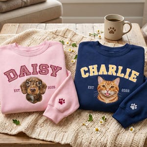 Custom Embroidered Pet Portrait Patchwork Sweatshirt, Personalized Embroidered Dog Gingham Applique Shirt, Dog Face Crewneck From Photo