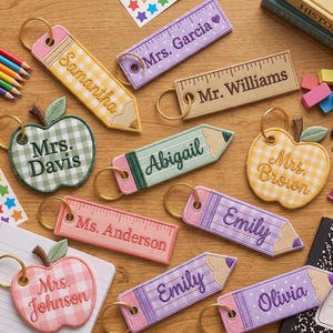 Custom Embroidered Teacher Keychain, Gingham Apple Pencil Ruler Charm, Personalized Teacher Team, Back To School Gift, Bag Lunch Box Charm