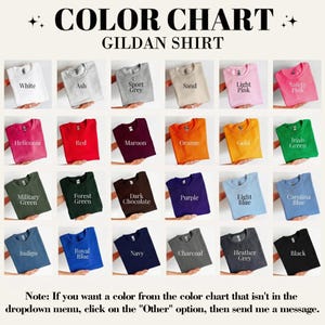 May include: A Gildan shirt colour chart displaying a range of hues: white, ash, sport grey, sand, light pink, safety pink, red, maroon, orange, gold, green, blue, and black. The text at the bottom explains how to request a custom colour.