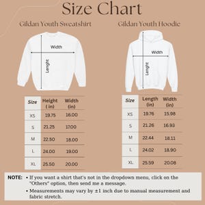 May include: Size chart for Gildan youth sweatshirts and hoodies. The chart shows measurements in inches for sizes XS to XL, including height and width. The image also includes a note about custom sizes and measurement variations.
