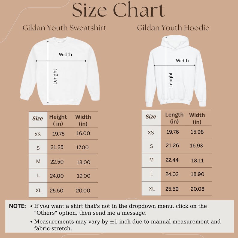 May include: Size chart for Gildan youth sweatshirts and hoodies. The chart shows measurements in inches for sizes XS to XL, including height and width. The image also includes a note about custom sizes and measurement variations.