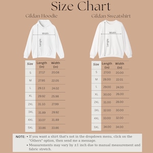 May include: Size chart for Gildan hoodies and sweatshirts, displaying length and width measurements in inches for sizes S to 5XL. Note: measurements may vary by &plusmn;2.5 cm due to manual measurement and fabric stretch.