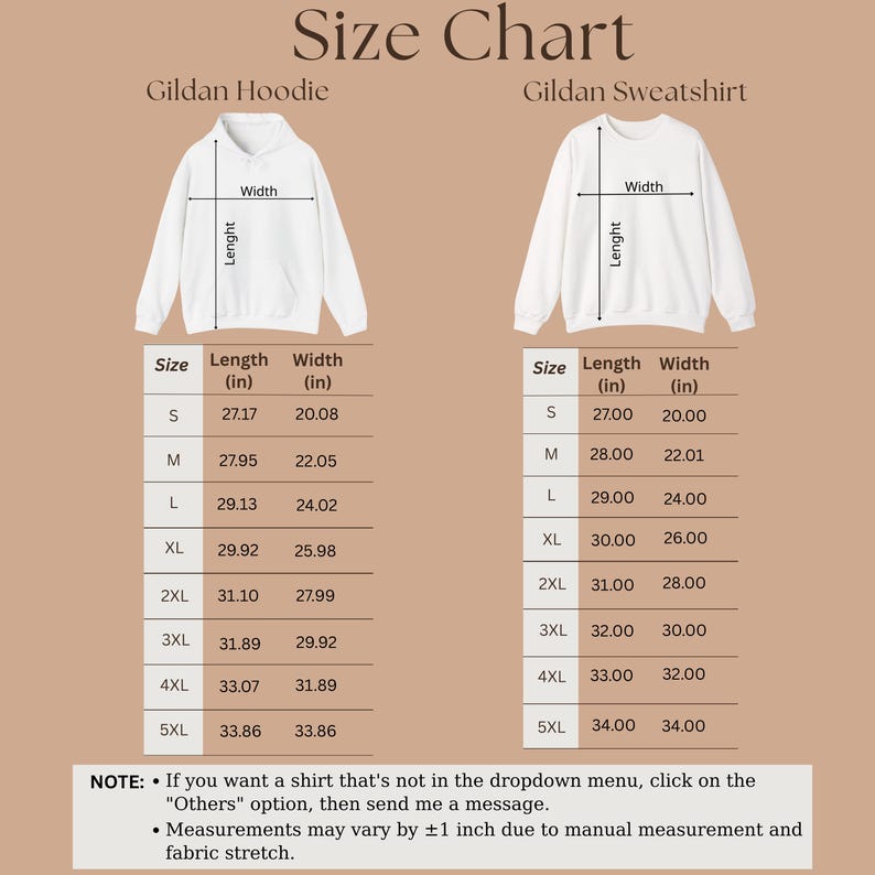 May include: Size chart for Gildan hoodies and sweatshirts, displaying length and width measurements in inches for sizes S to 5XL. Note: measurements may vary by &plusmn;2.5 cm due to manual measurement and fabric stretch.