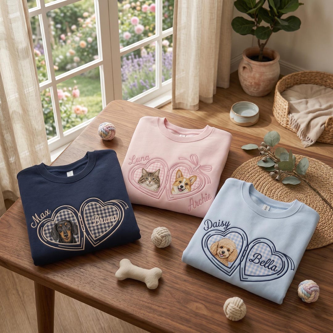 Custom Pet Portrait Embroidered Sweatshirt, Personalized Locket Heart Coquette Shirt, Lock