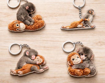 Team Punch Keychain, Baby Monkey Punch Wooden Keychain, Viral Cute Baby Monkey Punch Hugging Stuffed Custom Shape Acrylic Keychain