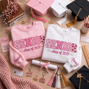 Senior 2027 Pink Gingham Applique Embroidered Sweatshirt, Class of 2027, Pink Floral Appliqué Embroidered Shirt, Senior Graduation Gift