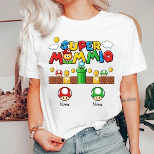 Personalised Super Mummio T-Shirt, Retro Mario Gaming Personalized Mother's Day T Shirt, Mom Mummy Women's Birthday Best Gift for Moms Top