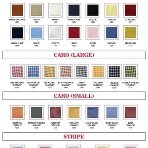 May include: A fabric color chart displaying thirty-four swatches categorized into Solid, Caro Large, Caro Small, and Stripe patterns. Each swatch is labeled with a color name and a corresponding reference number from 01 to 34 for identification.