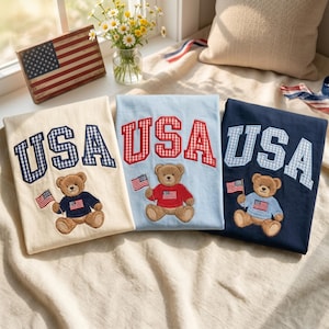 Embroidered Patriotic Teddy Bear Applique Shirt, 4th of July Gingham Shirt, USA Bear Shirt, Americana Shirt, Cute Independence Day Pullover
