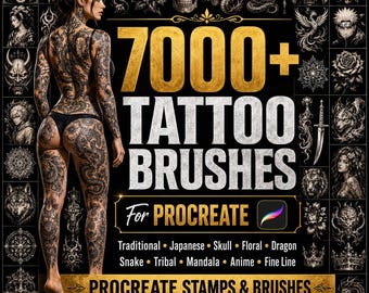 Más de 7000 sellos y pinceles para tatuajes para Procreate / Hoja de diseños para tatuajes / Japonés, Calavera, Dragón, Tribal, Mandala, Animal, Gótico, Línea fina