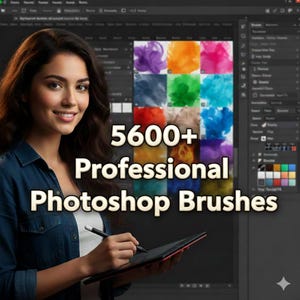 May include: A woman holding a digital tablet with a stylus, smiling at the camera. The image features the text "5600+ Professional Photoshop Brushes" with colorful brush stroke examples in the background, suggesting digital art tools.