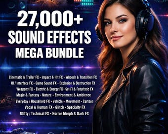 Paquete de más de 27 000 efectos de sonido para juegos, cinemáticos, de interfaz de usuario, de terror, de ciencia ficción y Foley. Descarga instantánea sin regalías.