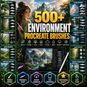 Puede incluir: Una colección digital de más de 500 pinceles Procreate de entornos con categorías como árboles, nubes, agua y clima. La imagen muestra una tableta con una ilustración de paisaje, un lápiz óptico e iconos de descarga instantánea y compatibilidad.