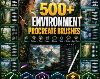 Paquete de más de 500 pinceles de entorno para Procreate / Naturaleza, follaje, árboles, hierba, nubes, agua, efectos climáticos y de luz / Paisaje, fantasía