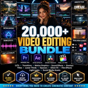 Może przedstawiać: Cyfrowy pakiet do edycji wideo zawierający ponad 20 000 zasobów, w tym filmowe LUTy, przejścia typu glitch, grafikę ruchomą, efekty dźwiękowe, wycieki światła, animowane tytuły, dolne trzecie części ekranu, efekty filmowe oraz animacje logo.