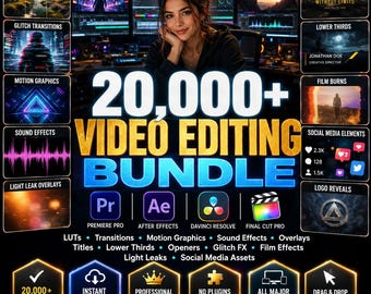 Paquete de edición de vídeo con más de 20.000 LUTs, transiciones, gráficos en movimiento, efectos de sonido, superposiciones, títulos y tercios inferiores (AE, DaVinci Resolve).