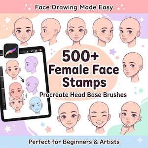Może przedstawiać: Reklama pędzli bazowych do głowy Procreate. Obraz przedstawia tablet wyświetlający stemple twarzy, z tekstem "500+ Female Face Stamps" i "Face Drawing Made Easy". Dolny tekst brzmi "Perfect for Beginners & Artists".
