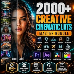 Puede incluir: Un paquete de productos digitales con más de 2000 LUTs cinematográficas creativas. La imagen muestra un retrato dividido, una lista de categorías como Cinematic, Creative, Nature, Portrait, Social Media, Effects, Gaming, Travel, Film Look, Urban e iconos de software para Premiere Pro, After Effects, DaVinci Resolve y Final Cut Pro.
