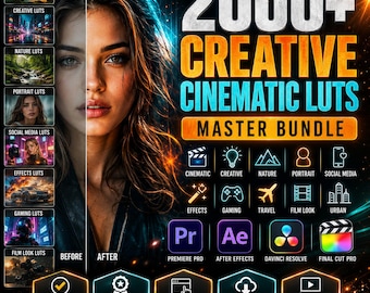 2000+ Creative Cinematic LUTs Master Bundle | Pre Pro AE DaVinci, Final Cinematic, Creative, Nature, Portrait, Social Media, Effects, Gaming
