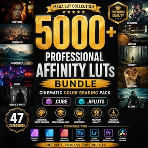 Puede incluir: Un anuncio de producto digital para un paquete de más de 5000 LUTs profesionales para Affinity. El fondo negro presenta texto grande en dorado, iconos de formatos .CUBE y .AFLUTS, y miniaturas que muestran estilos de gradación de color.