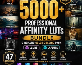 Paquete de más de 5000 LUTs Affinity profesionales / Paquete de corrección de color cinematográfica / Photoshop, Lightroom, Premiere Pro, DaVinci Resolve / 47 categorías