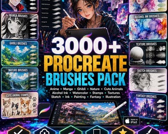 Paquete de más de 3000 pinceles para Procreate: Anime, Manga, Ghibli, Naturaleza, Animales adorables, Tinta con alcohol, Acuarela, Sellos, Texturas y más.