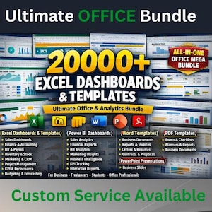 Könnte beinhalten: Werbung für ein Ultimate Office Bundle mit über 20.000 Excel-Dashboards und Vorlagen. Das Bild zeigt verschiedene Diagramme und Grafiken mit Text, der verschiedene Kategorien wie Vertrieb, Finanzen und HR hervorhebt. Der Text erwähnt auch die Verfügbarkeit eines individuellen Services.