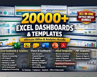 Paquete de más de 20 000 plantillas de Office todo en uno Paneles/Excel, Word, PowerPoint y Power BI Informes de Excel Activos comerciales digitales