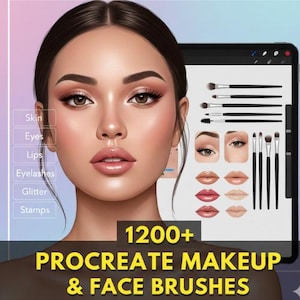 Op de afbeelding: Digitale illustratie van een vrouw met make-up, naast een tablet met make-up penselen en voorbeelden. De tekst luidt "1200+ PROCREATE MAKEUP & FACE BRUSHES". De afbeelding bevat voorbeelden van huid, ogen, lippen, wimpers, glitter en stempels.