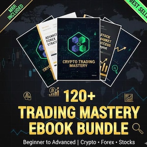 Puede incluir: Un conjunto de libros electrónicos titulados "Crypto Trading Mastery" y "Advance Forex Strategy". La imagen presenta más de 120 libros electrónicos, con el texto "Trading Mastery Ebook Bundle" y "Beginner to Advanced | Crypto • Forex • Stocks".