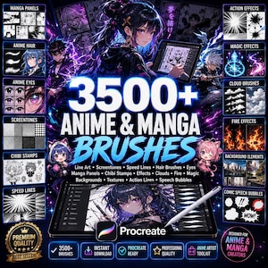 May include: A digital collection of 3500+ anime and manga brushes for Procreate, featuring a central illustration of a character drawing on a tablet. The layout includes categorized thumbnails for manga panels, hair, eyes, screentones, chibi stamps, speed lines, action effects, magic effects, cloud brushes, fire effects, background elements, and speech bubbles.