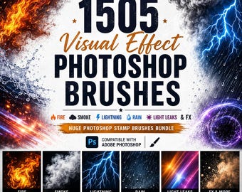 1505 pinceles de efectos visuales para Photoshop / Fuego, humo, relámpagos, lluvia, fugas de luz y efectos especiales / Gran paquete de pinceles de sello para Photoshop