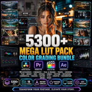 May include: A digital product advertisement for a 5300+ Mega LUT Pack colour grading bundle. The graphic features a split-screen portrait of a person, software icons for DaVinci Resolve, Premiere Pro, Final Cut Pro, and After Effects, and text.