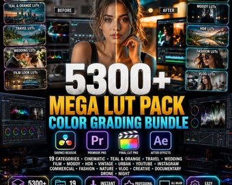 Paquete Mega de 5300+ LUTs / Colección definitiva de corrección de color / Paquete de LUTs cinematográficos para DaVinci Resolve, Premiere Pro, Final Cut Pro y After Effects / 19 categorías
