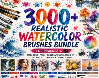 Paquete de más de 3000 pinceles de acuarela realistas para Procreate / Mega Pack de pinceles de acuarela / Pinceles para salpicaduras, texturas, lienzos y sellos